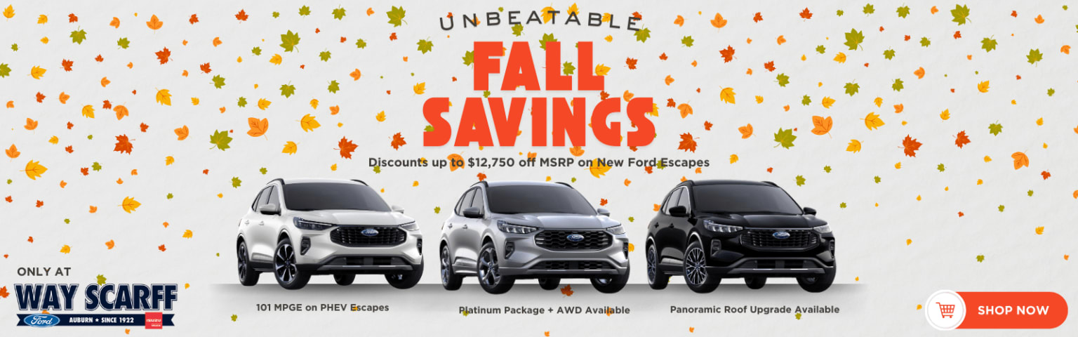 The image shows three SUV vehicles showcased in the foreground, set against a colorful autumn background with falling leaves in shades of orange, yellow, and green. The text "UNBEATABLE FALL SAVINGS" is featured, emphasizing the current promotional discounts available on these vehicles.