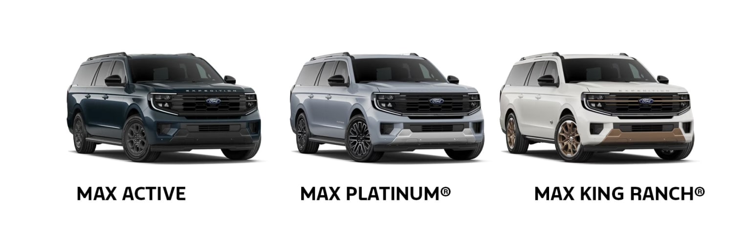 Three different models of SUV are displayed in the image, including the Active, Max Platinum, and Max King editions.