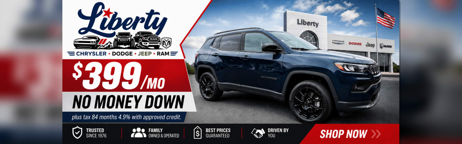 A blue compact SUV is parked in front of a car dealership with an American flag flying, while the left side of the image displays lease deal details.