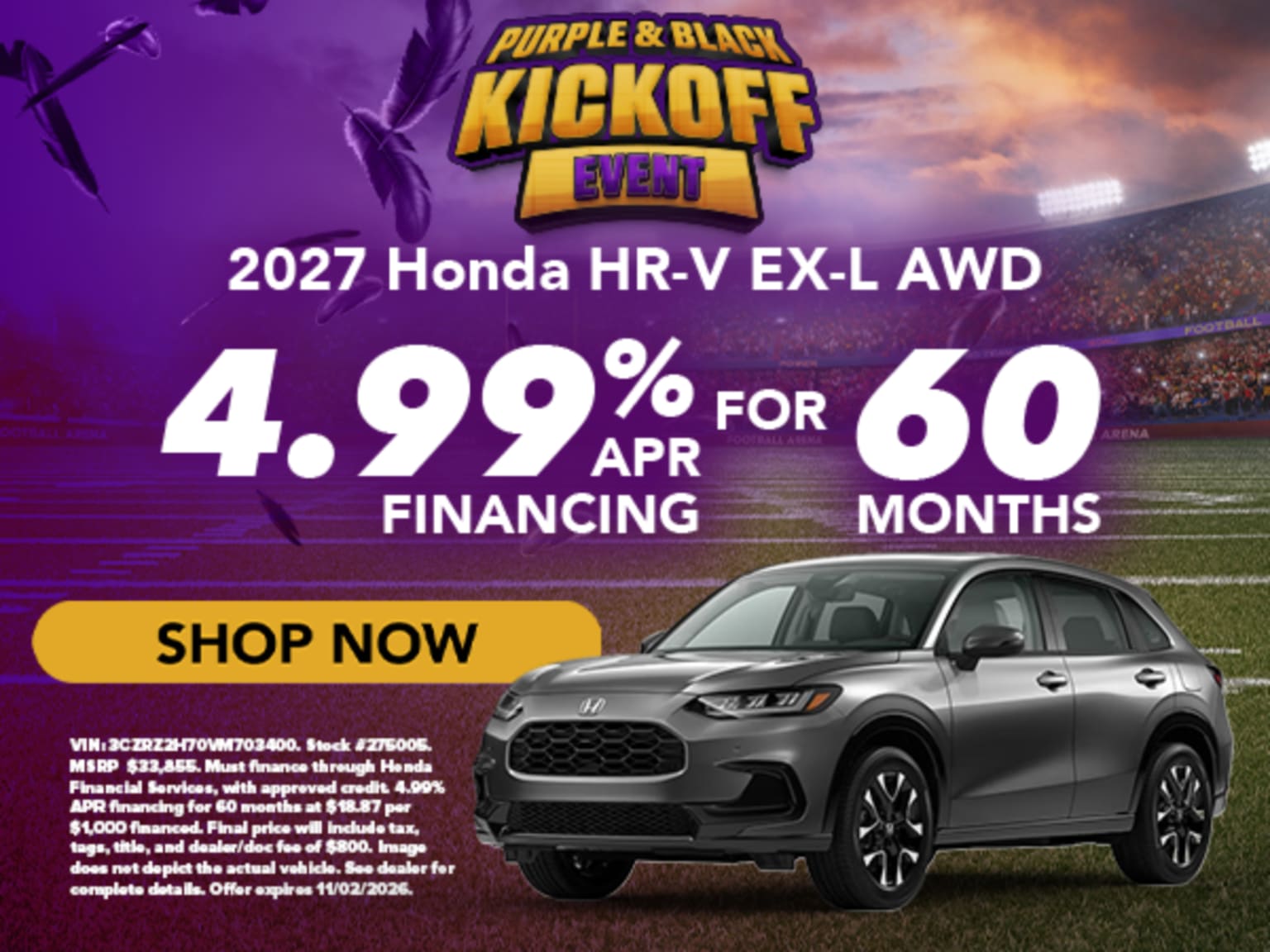 A silver SUV is parked in front of a football stadium with a purple sky in the background.