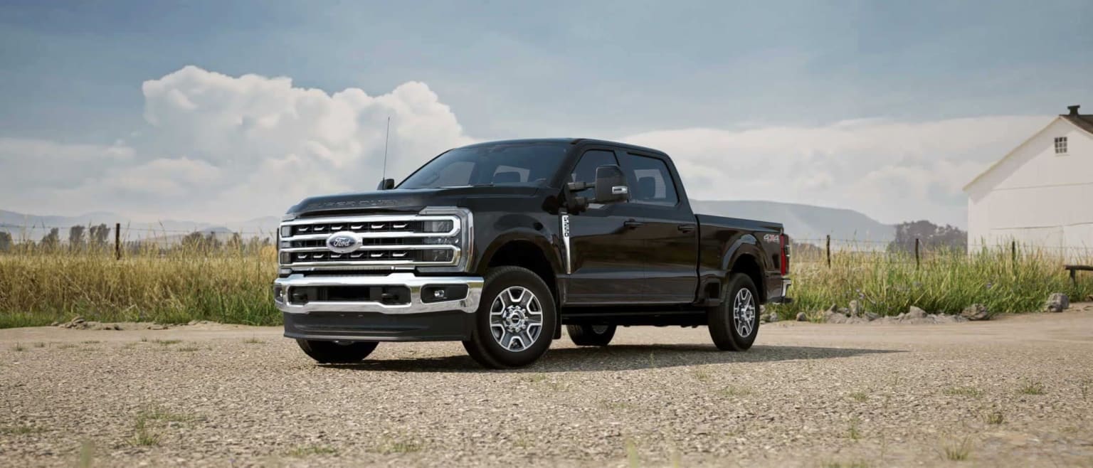 Black pickup truck in a grassy field with mountains and cloudy skies in the background.