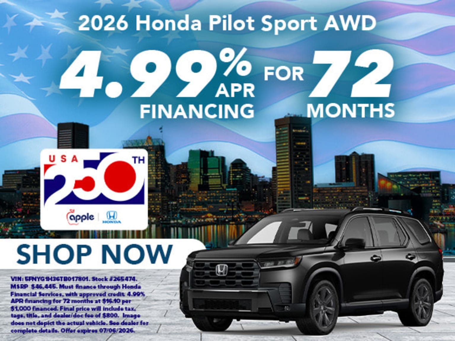 A black SUV is featured in the foreground with a city skyline and American flag in the background, advertising a financing deal.