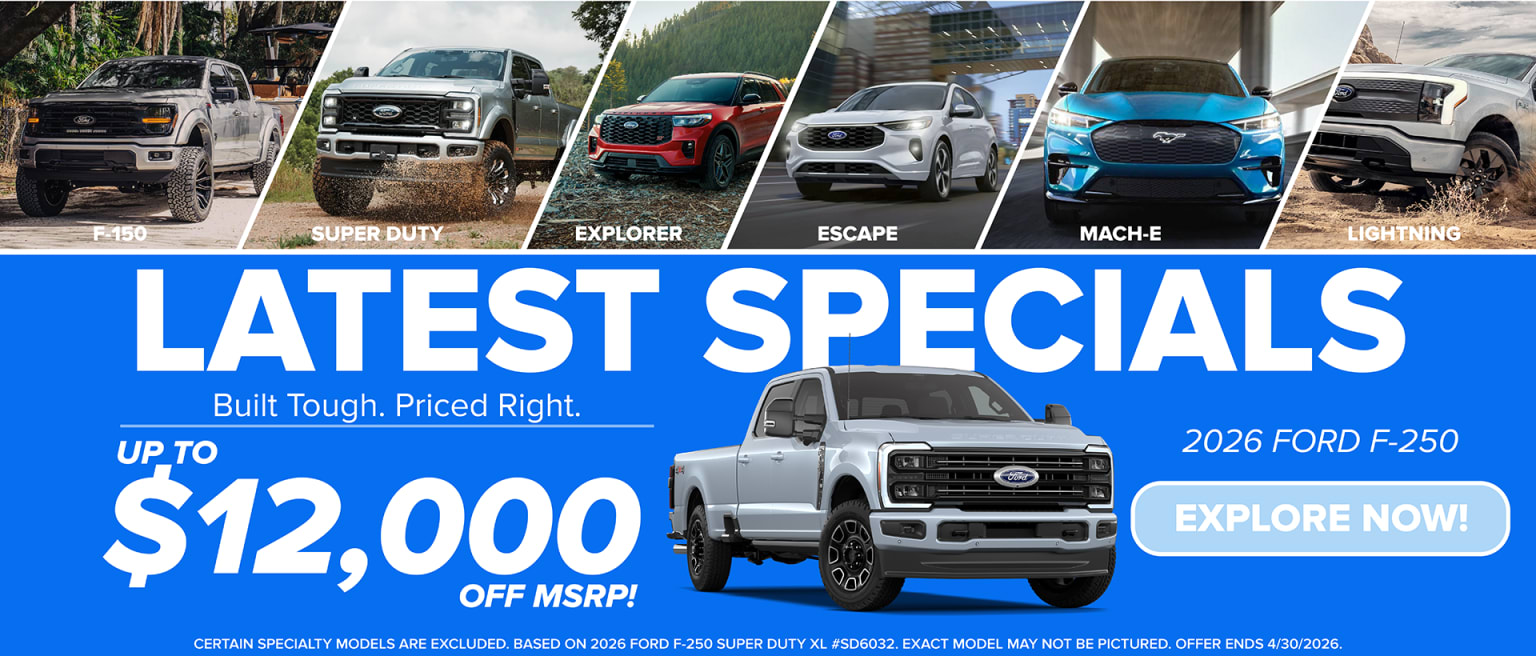 Various vehicle models including Super Duty, Explorer, Escape, Mach-E, Lightning, and a 2026 F-2 model highlighted as the "Latest Specials" offering with a discount.