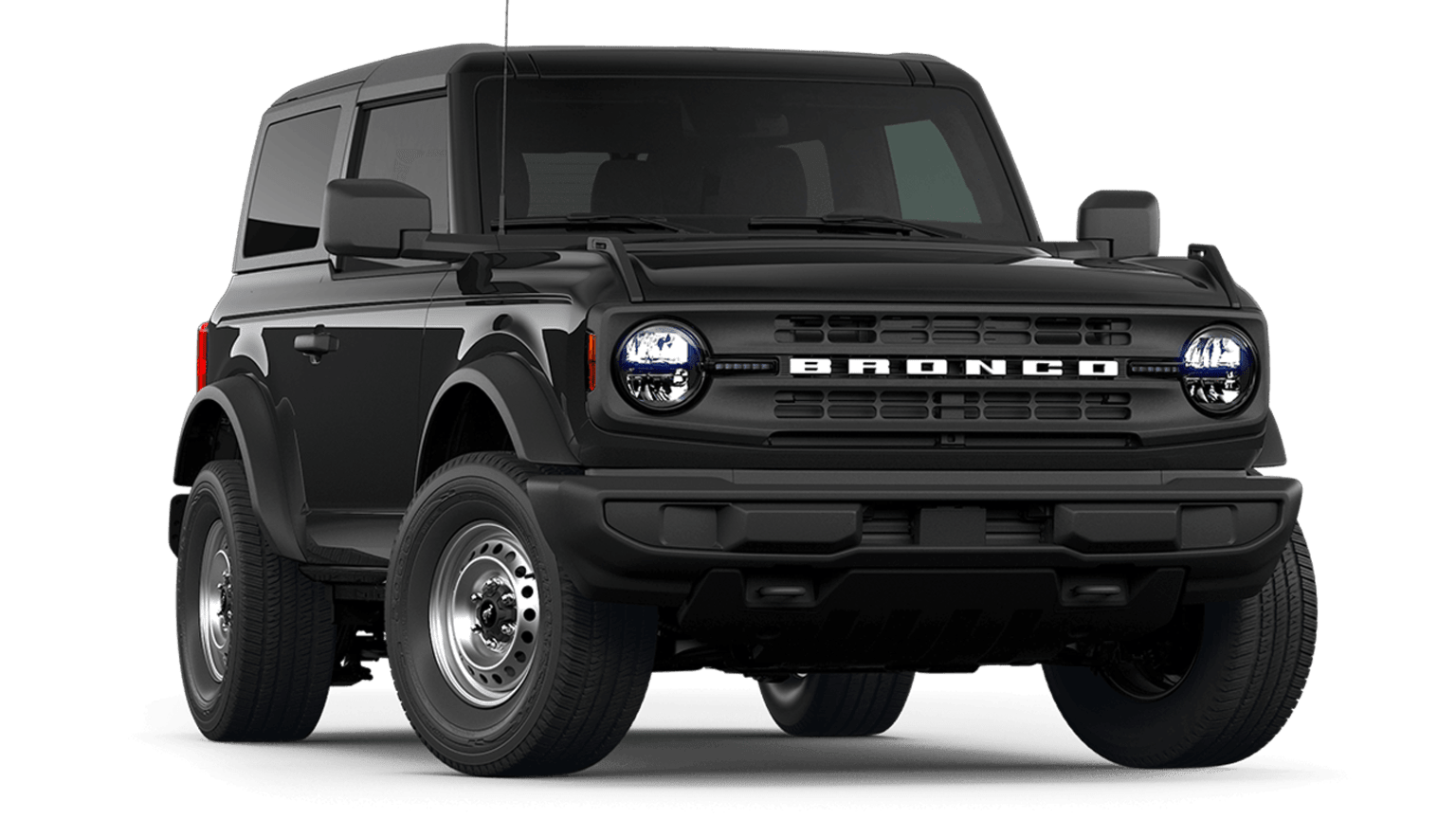 A black SUV with a rugged, off-road design stands prominently in the foreground, its bold grille and headlights commanding attention against a plain white background.