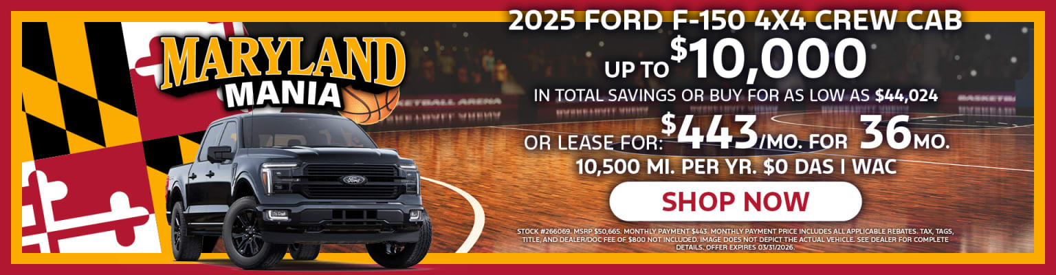 "The image features a truck prominently displayed in the foreground, set against a basketball court background with the 'Maryland Mania' text and promotional details for the vehicle's purchase or lease options."