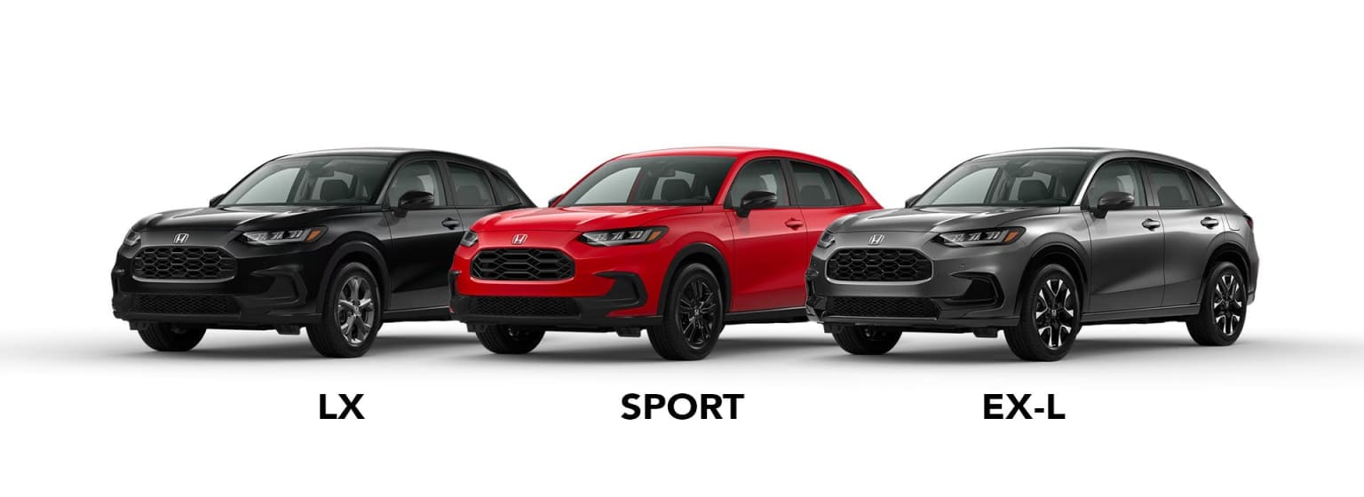 Three SUVs in black, red, and gray are displayed against a white background with their trim levels labeled below.