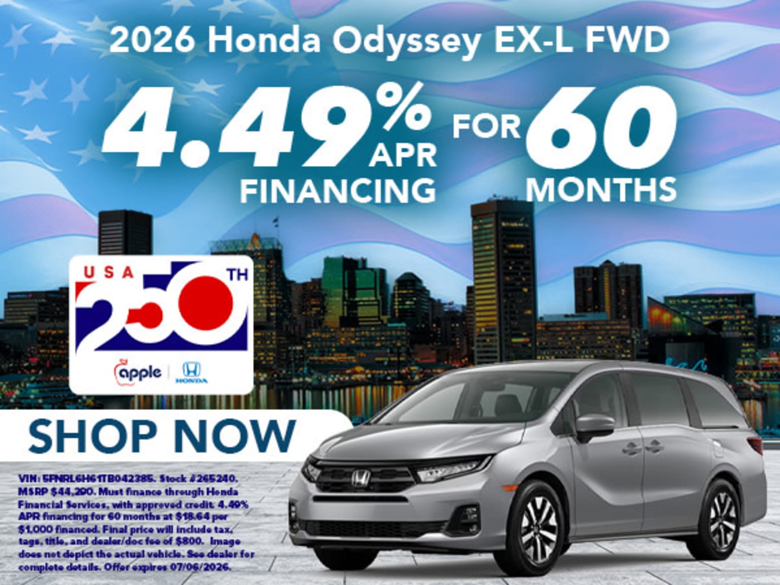A silver minivan model is advertised with financing options for 60 months, set against a city skyline.