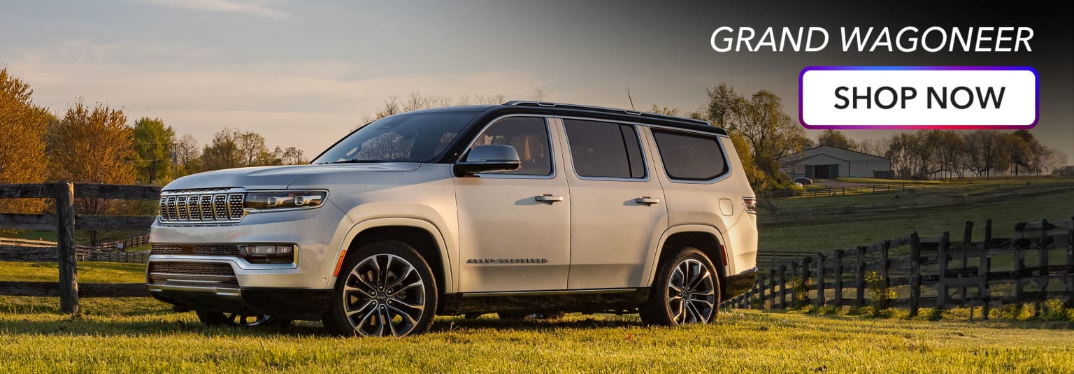 a white suv parked in a field with the words grand wagon on it's side and the words shop below it