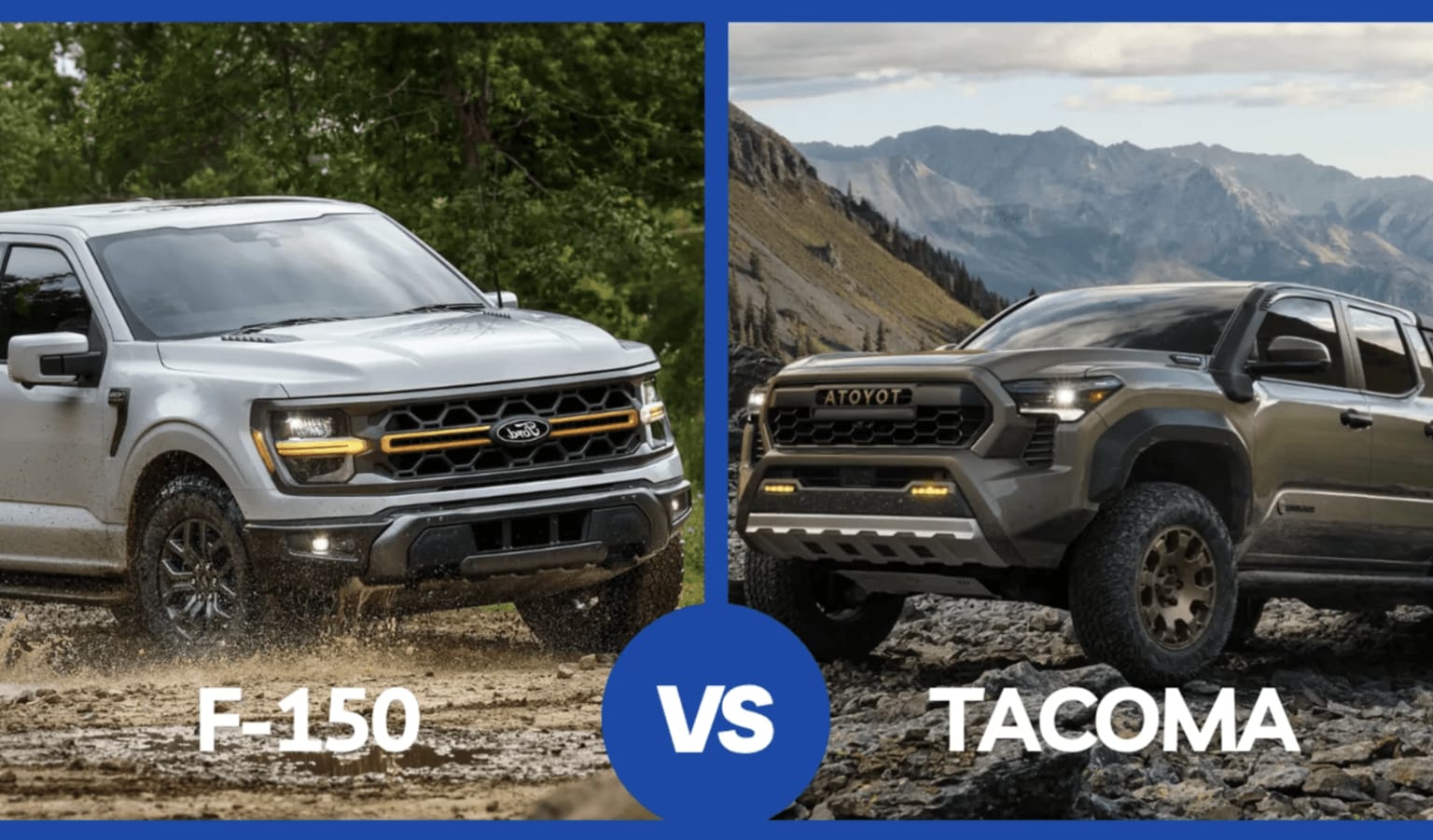 Off-road vehicles comparison in outdoor settings: one in a forested area and the other against a mountainous backdrop.