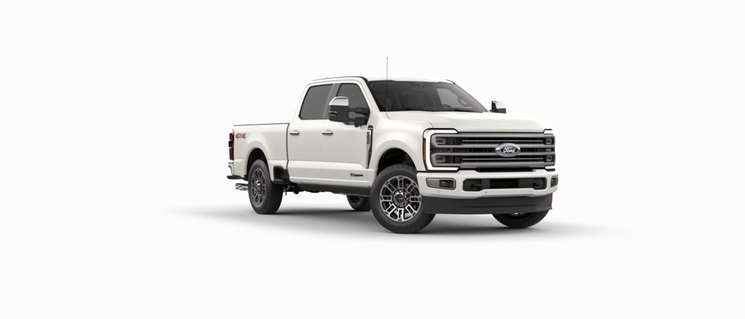 A white pickup truck is shown in the center against a plain white background.