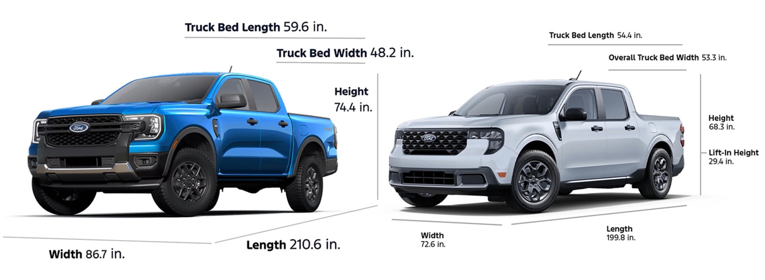 Detailed dimensions and specifications for two different truck models, including bed length, width, height, and overall length.