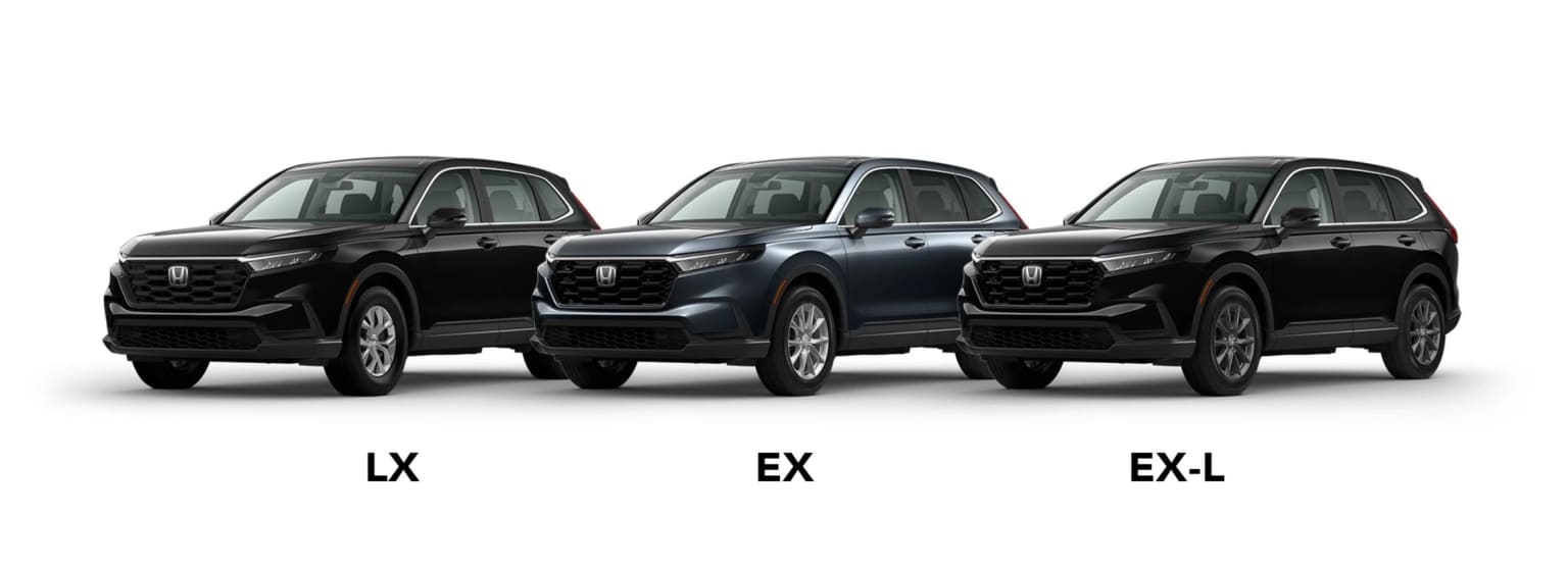 Three SUVs, labeled LX, EX, and EX-L, from an automotive dealership, showcased against a white background.