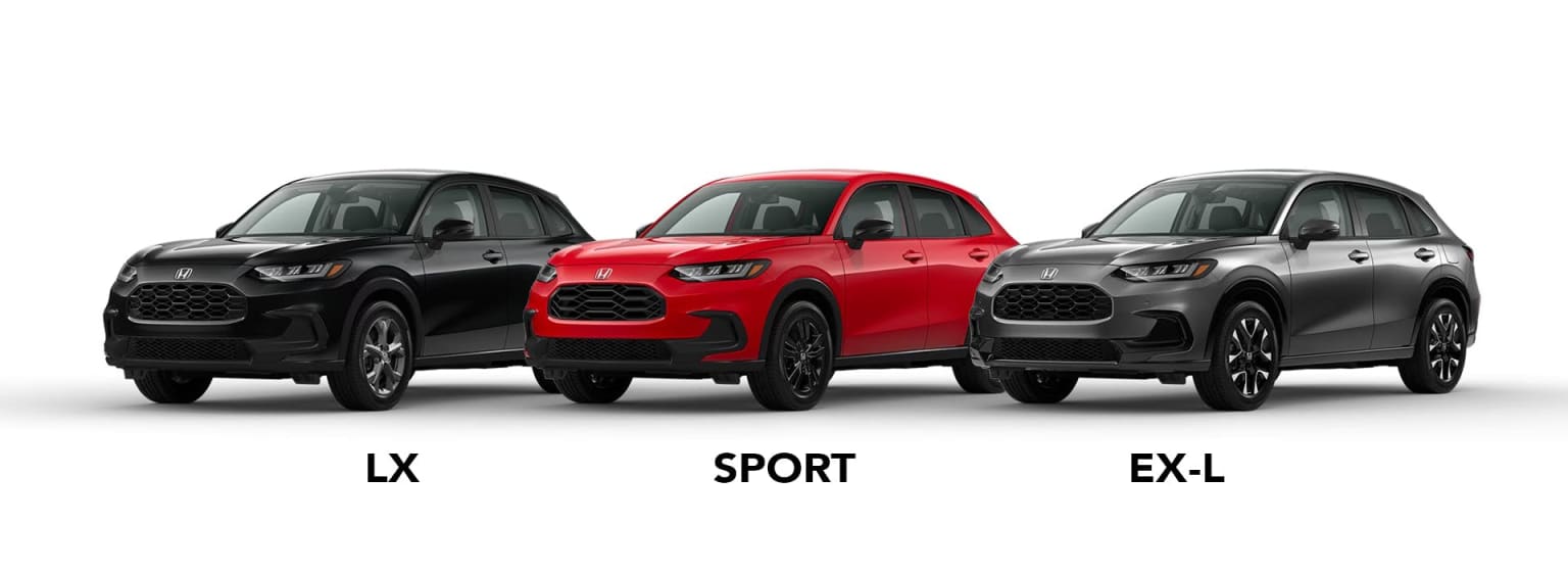 Three SUVs: a black LX, a red Sport, and a gray EX-L Honda HR-V models are displayed against a white background.