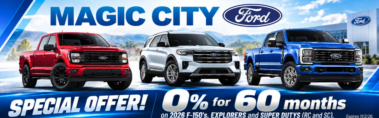 Three vehicles—a red pickup truck, a white SUV, and a blue pickup truck—stand in the foreground with mountains and a dealership building under a blue sky.