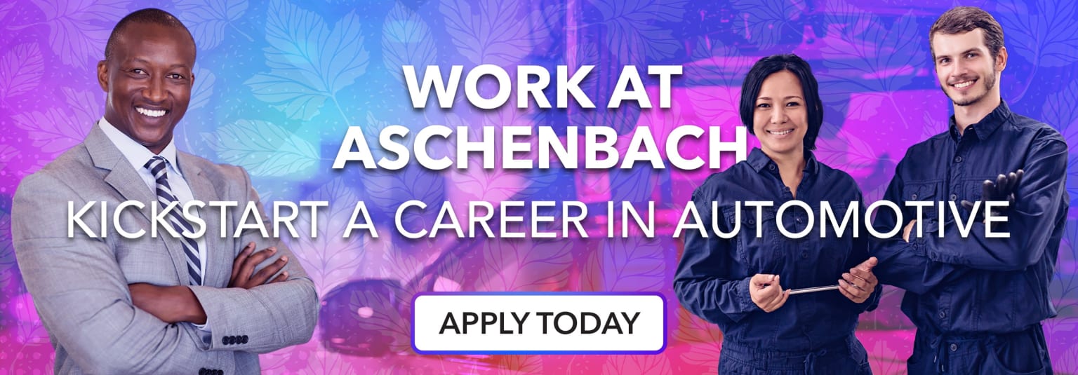 The image shows two individuals, a man and a woman, with a career opportunity promotion for the automotive industry displayed in the background.