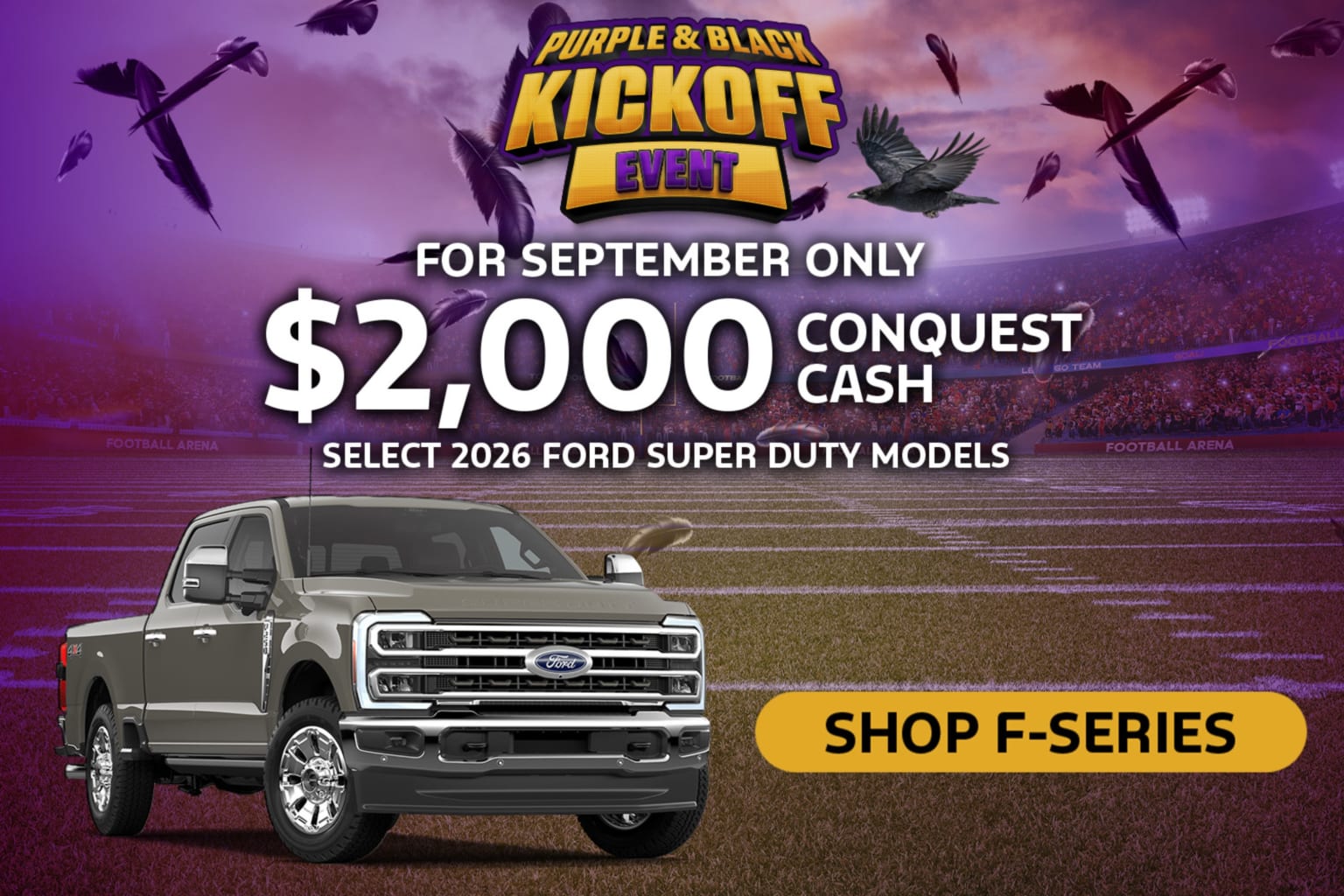 A gray truck is shown in the foreground with a football stadium and purple and black graphics in the background.