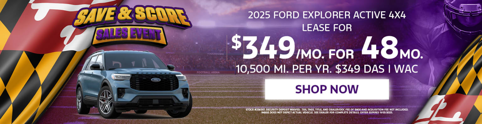 The image features an SUV prominently displayed in the foreground, with a promotional advertisement for a lease offer in the background.