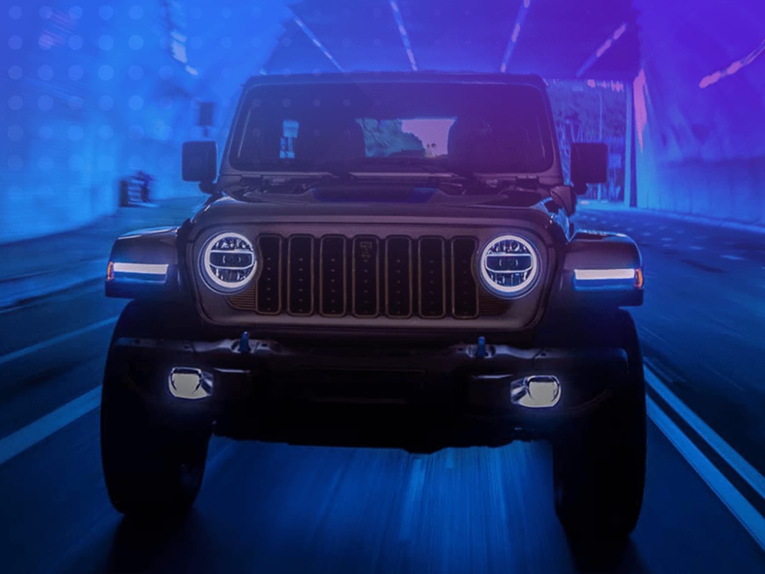 An off-road vehicle with a prominent grille and headlights driving through a dimly lit, neon-colored tunnel, creating an atmospheric and dramatic scene.