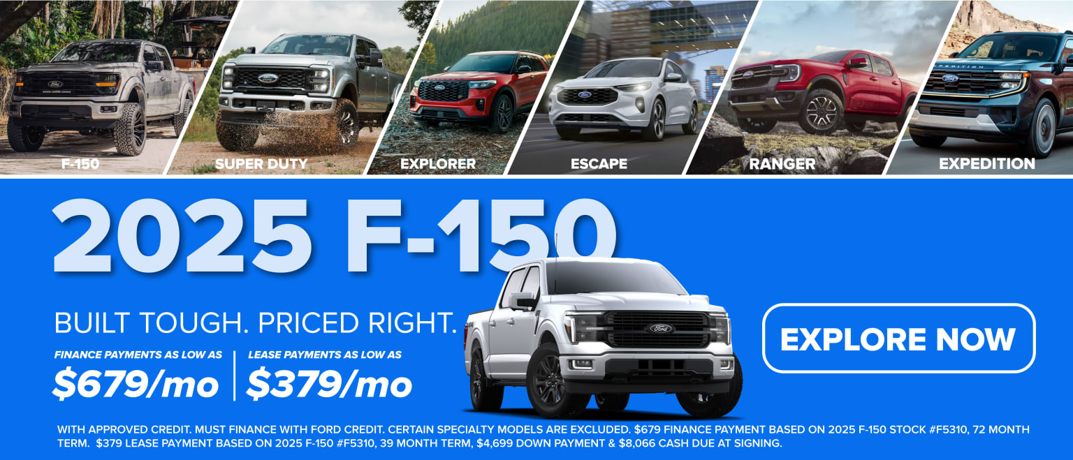 The image showcases various truck models, including the Super Duty, Explorer, Escape, Ranger, and Expedition, alongside a prominent display of a 2025 model.