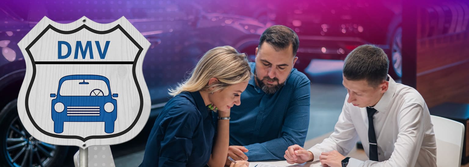 An image of a couple embracing in the foreground, with a large DMV (Department of Motor Vehicles) sign visible in the background.