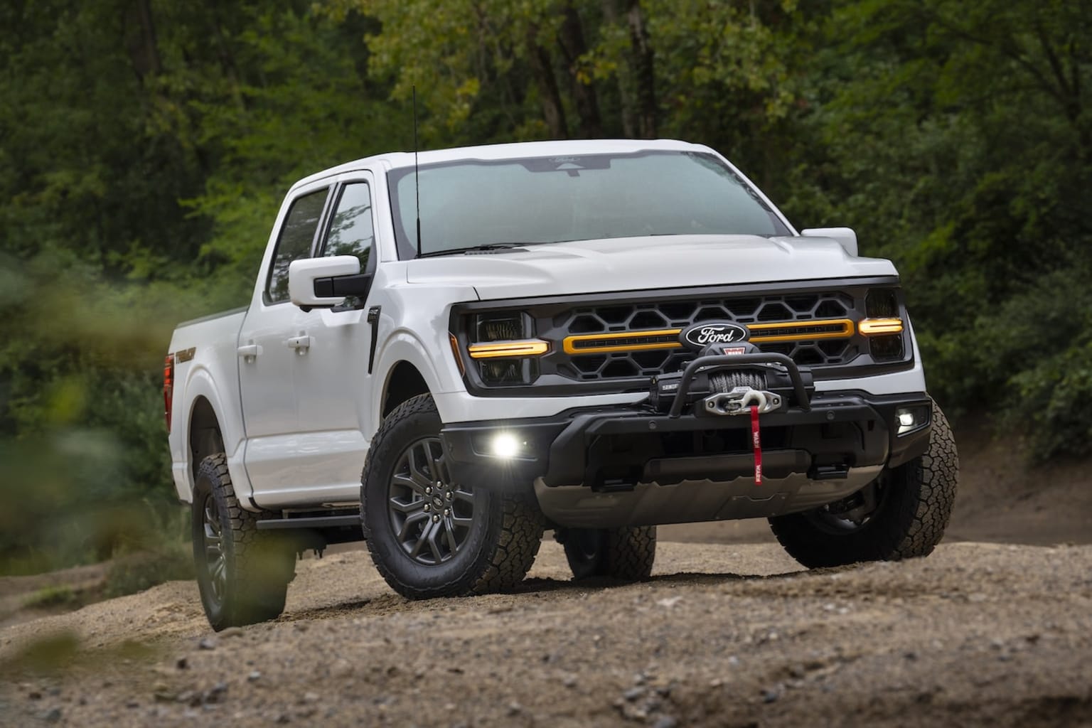 A white pickup truck with a rugged off-road appearance is parked on a dirt path surrounded by lush green vegetation, suggesting an outdoor, adventurous setting.