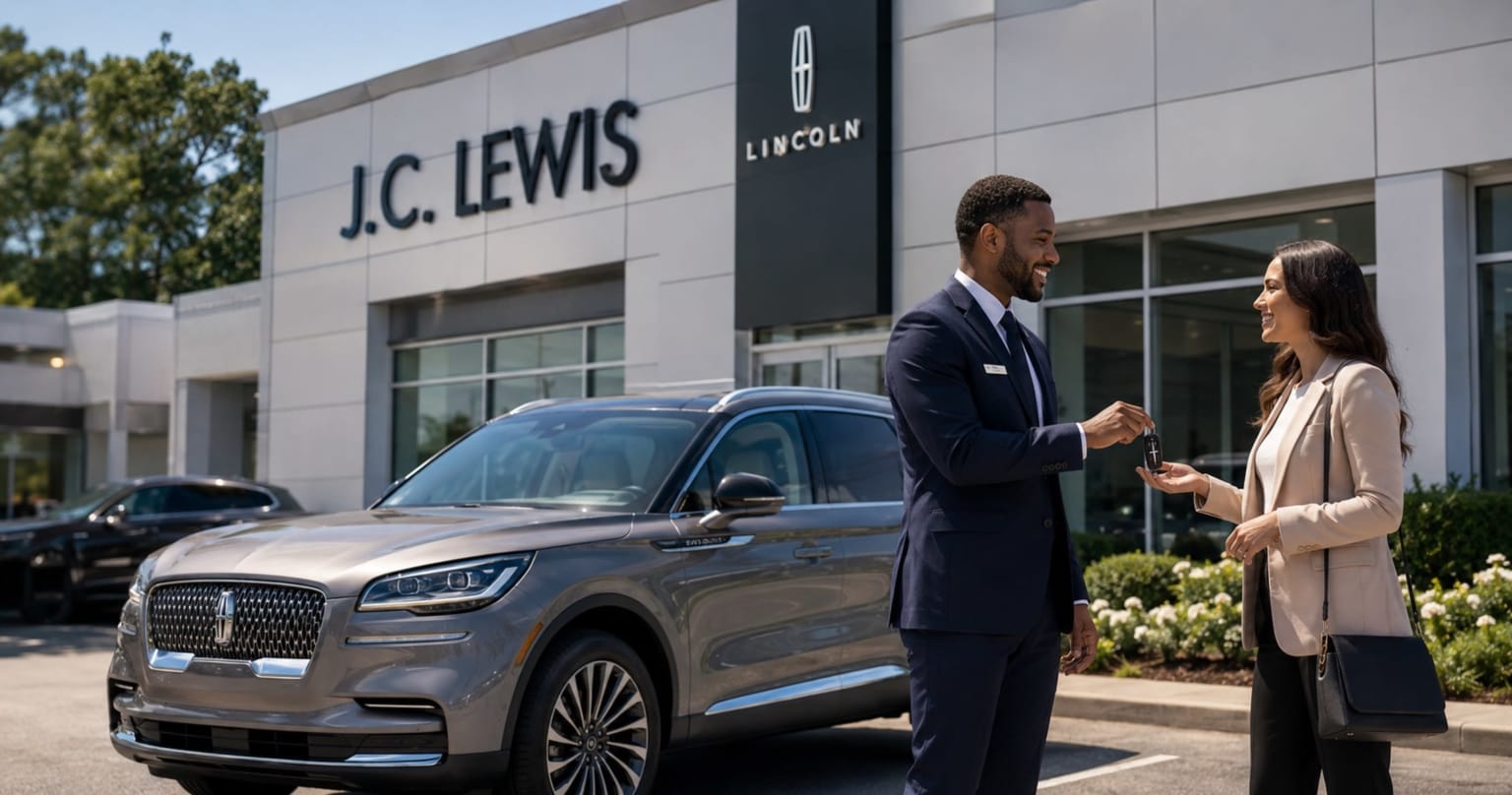 A man in a suit hands keys to a woman in front of a dealership with a new car parked nearby.