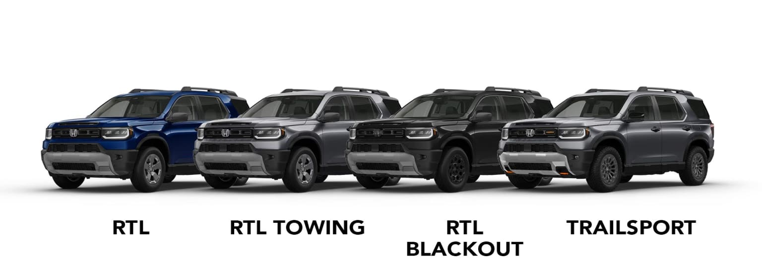 Four SUVs in different colors are lined up against a white background, with their trim names displayed below each vehicle.