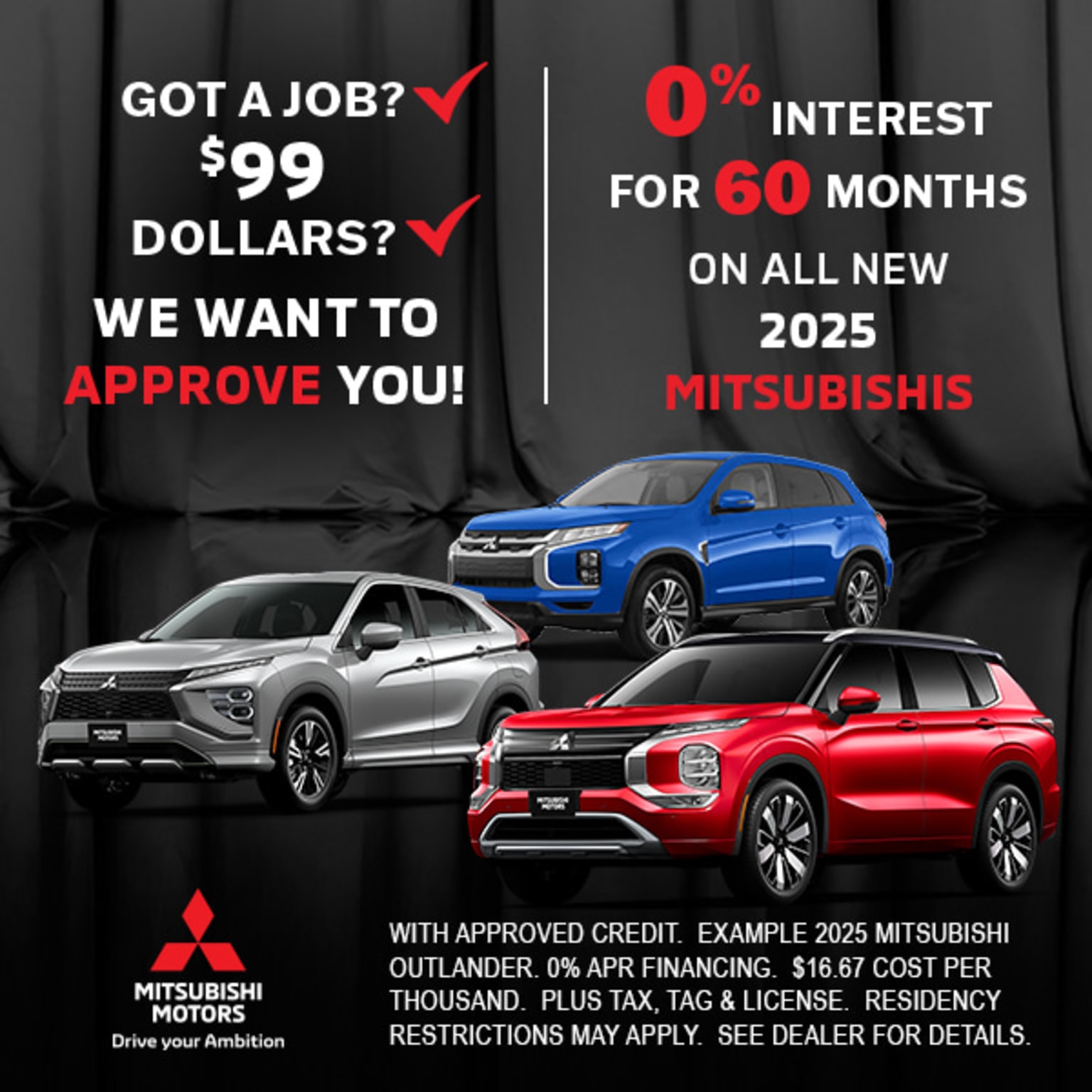 The image displays a promotional advertisement for vehicles, featuring three different models in the foreground and a text overlay with details about a financing offer.