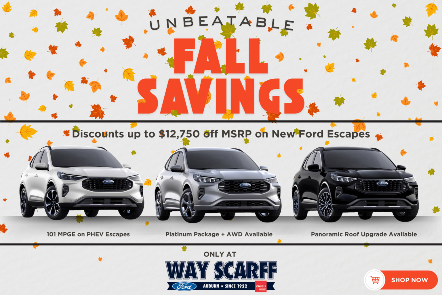 The image shows a promotional advertisement for fall savings on SUVs, with the vehicles displayed against a background of autumn leaves.