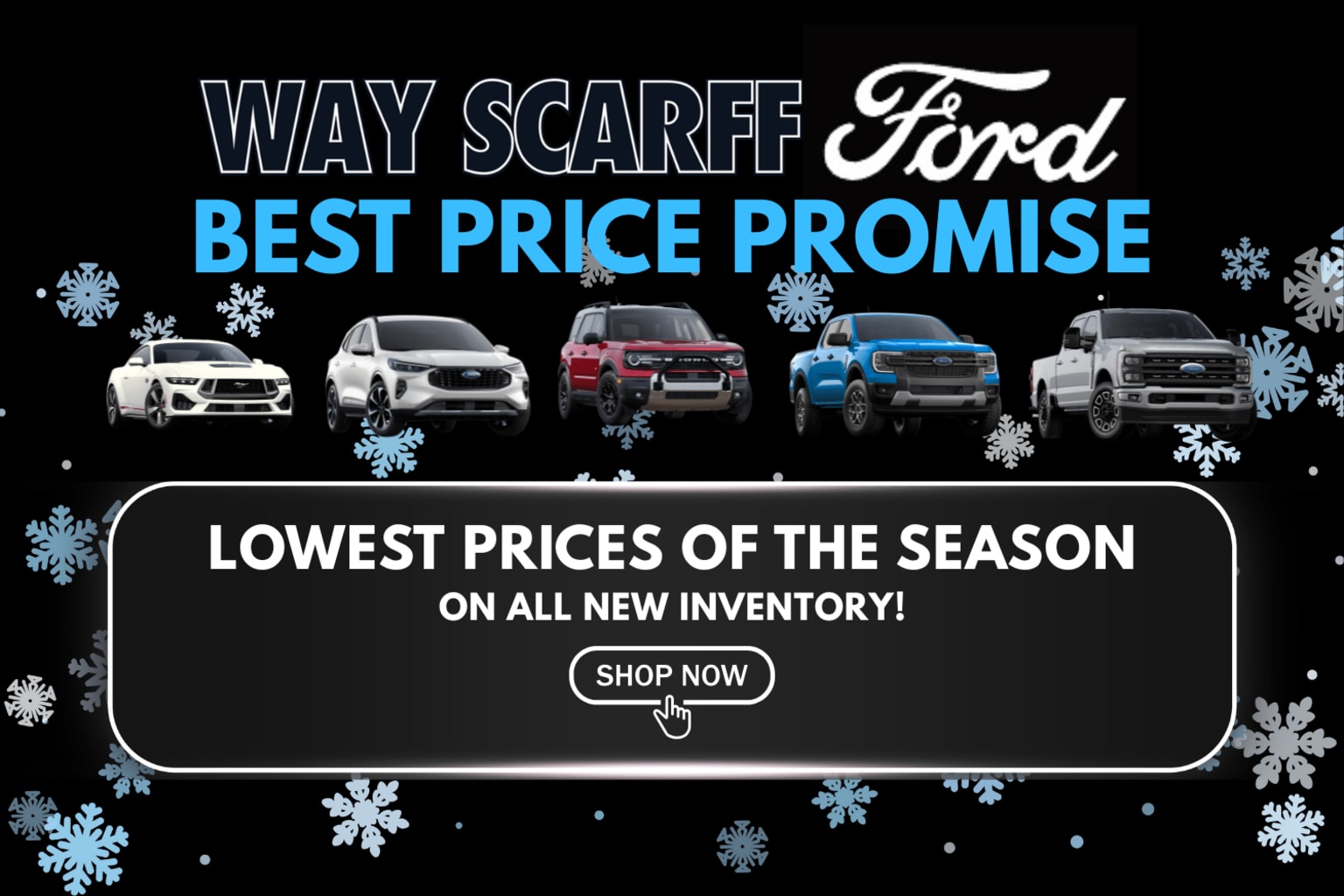 The image displays a promotional advertisement for an automotive dealership, featuring various vehicle models and offering the "Best Price Promise" with the "Lowest Prices of the Season" on all new inventory. The background is decorated with snowflakes, creating a winter-themed setting.
