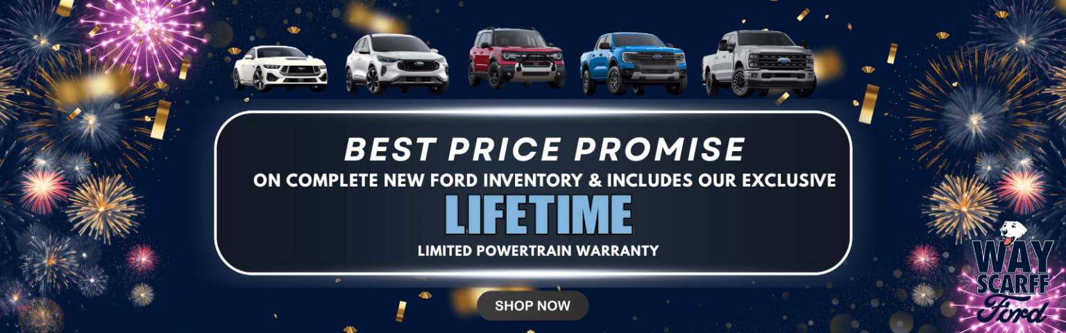 The image displays a lineup of various Ford vehicle models, including SUVs and trucks, against a dark night sky with falling stars or fireworks in the background. The text prominently features a "Best Price Promise" and a "Lifetime Limited Powertrain Warranty" offer for the complete new Ford inventory.