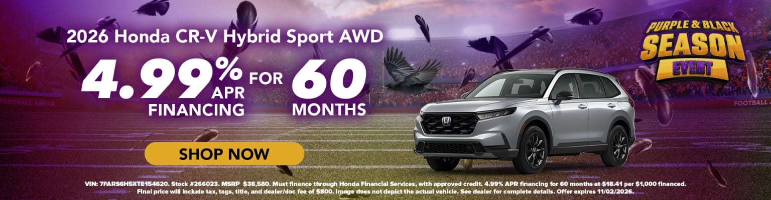 A silver SUV is parked in front of a football stadium, with purple feathers floating around.