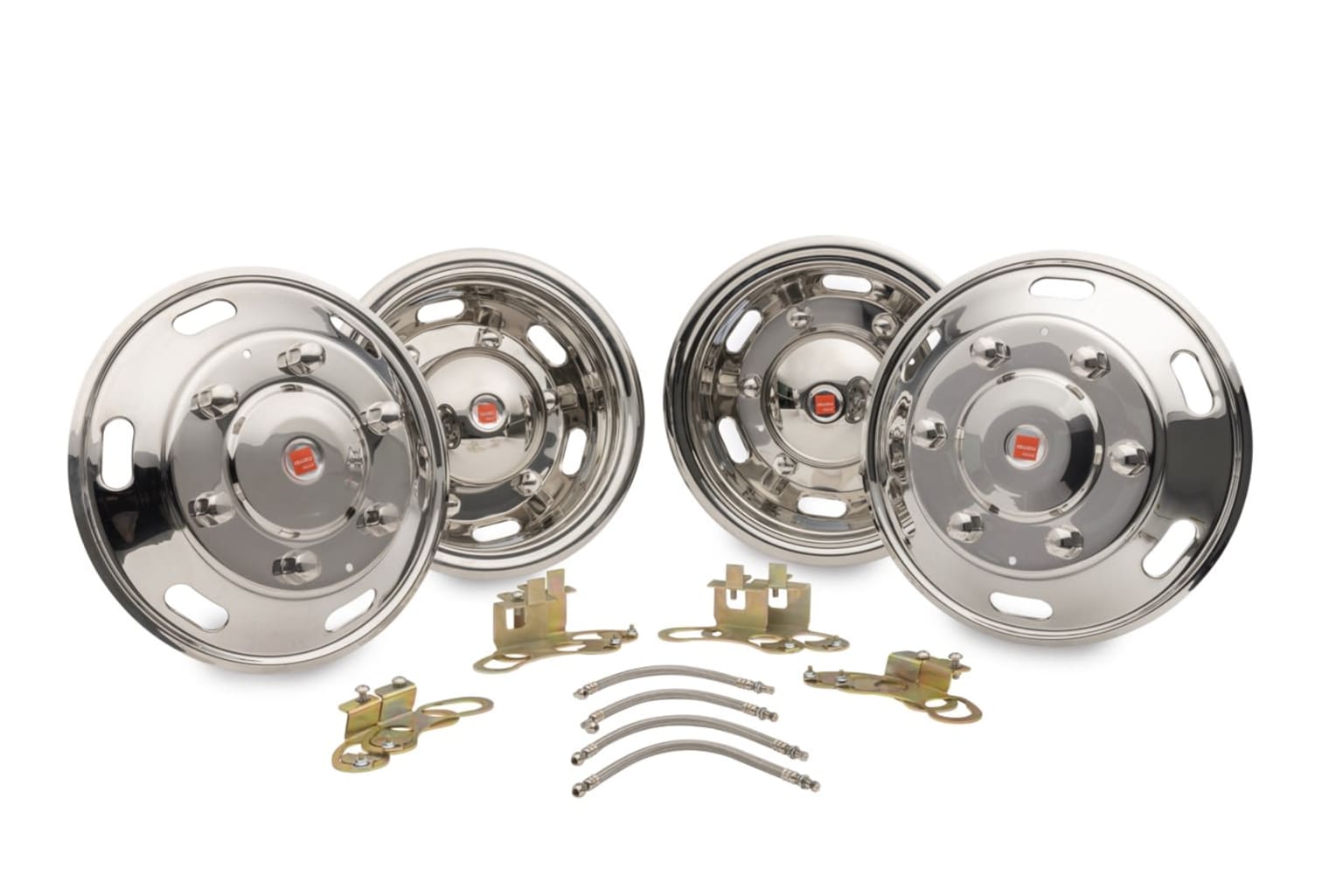 The image shows a set of four chrome-plated wheel covers or hubcaps, along with various mounting hardware components such as clips and brackets.