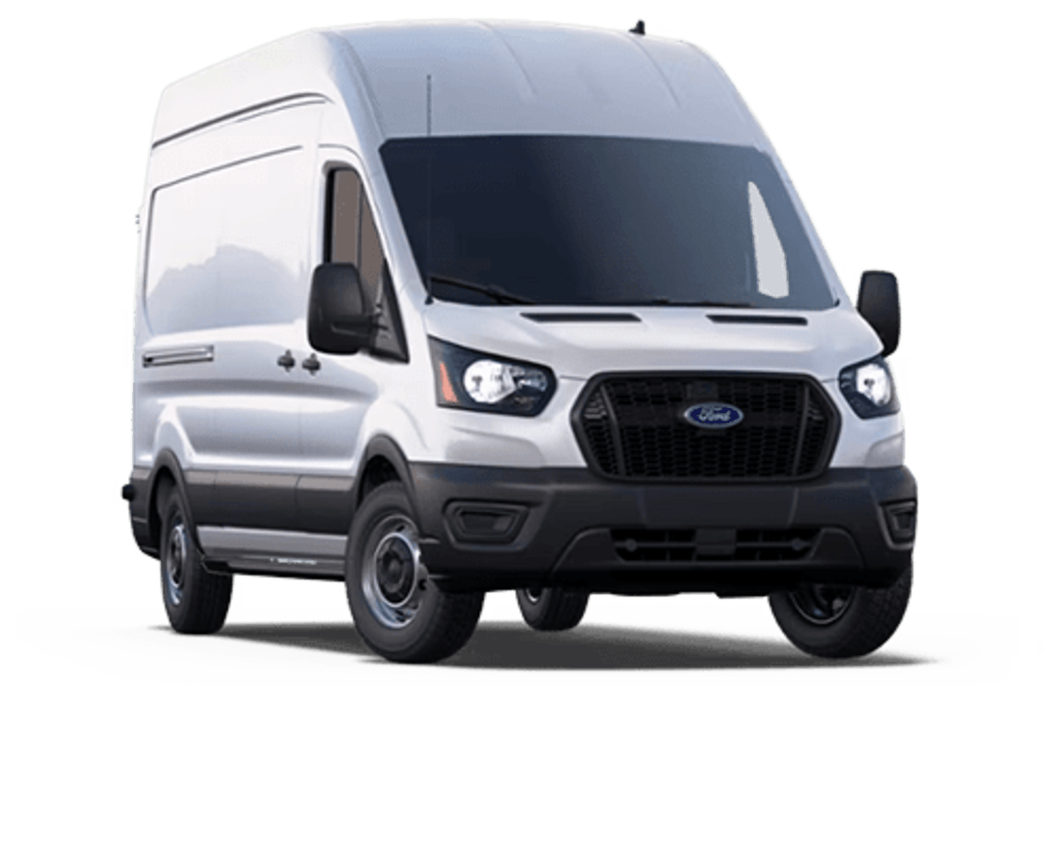 a white ford transit van parked on a white background with a shadow of the front end of the van