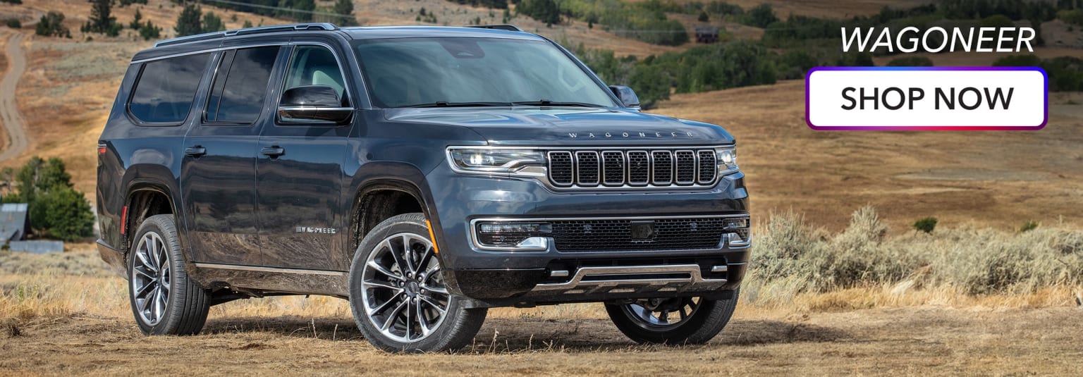 a gray jeep parked in a field next to a sign that says waggin's auto shop