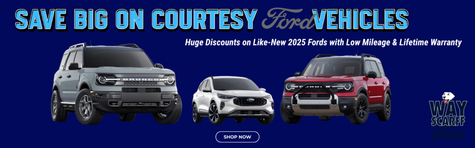 Three vehicles, a gray SUV, a white SUV, and a red SUV, are displayed against a dark blue background with promotional text.