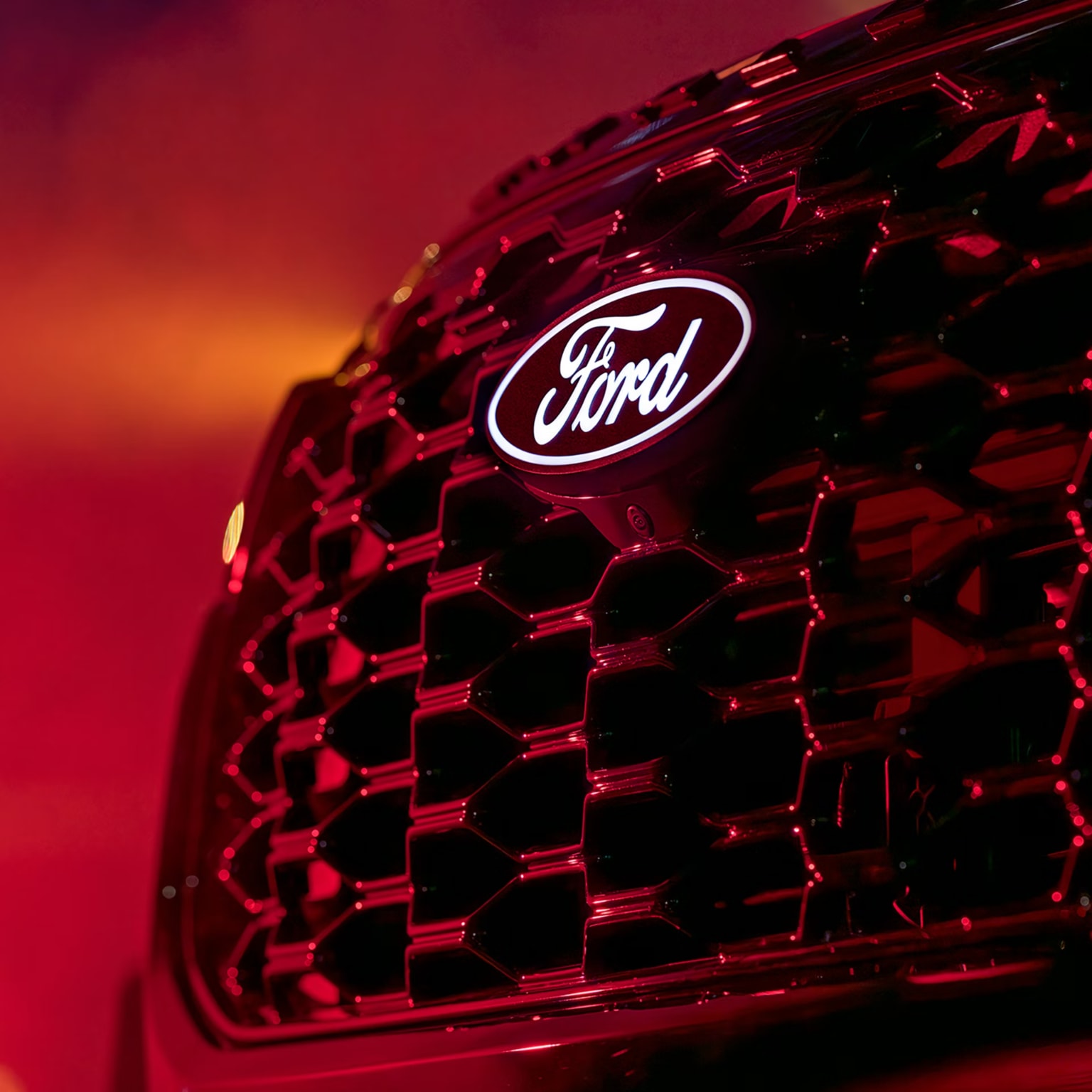 Close-up of a logo on a black honeycomb grille with a blurred red and orange background.