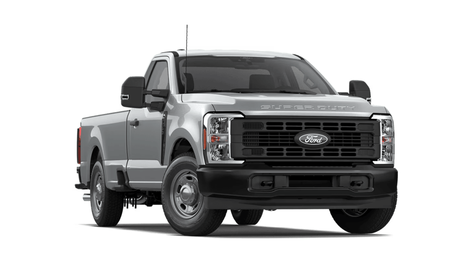A silver pickup truck stands centered against a plain white background.