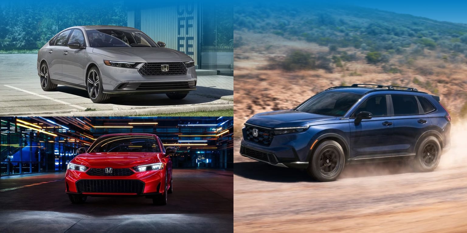 A gray sedan parked in front of a building, a red sedan on a street at night, and a blue SUV driving on a dirt road.