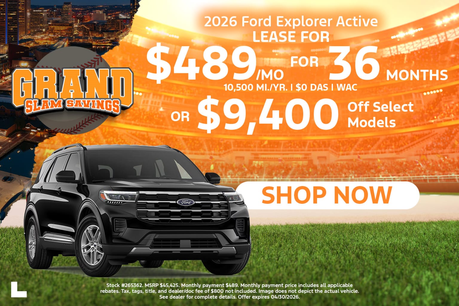 A SUV parked in front of a city skyline, with a lease deal advertisement in the background.