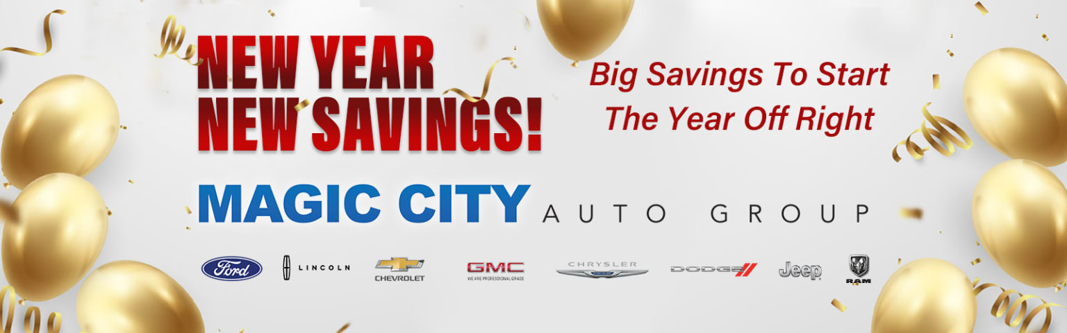 The image displays a promotional advertisement for "New Year New Savings!" from Magic City Auto Group, featuring various automobile brand logos and a celebratory champagne glass in the background.