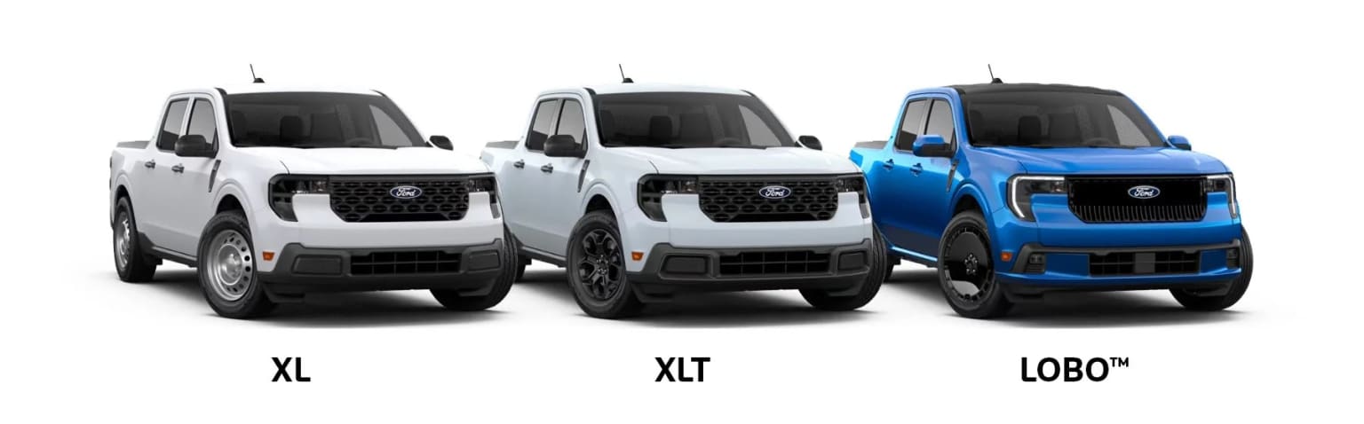Three different models of a compact utility vehicle, including the XL, XLT, and LOBO versions, are displayed in the image. The vehicles are shown in various colors, including white, black, and a vibrant blue.