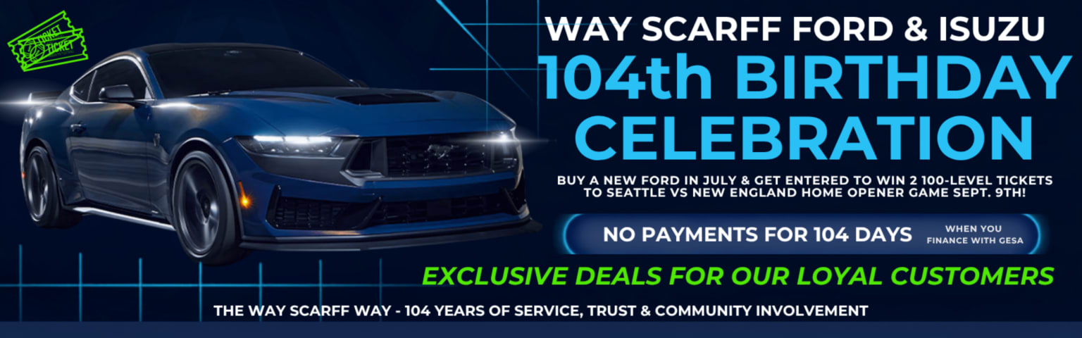A blue sports car is showcased in the foreground with a dark blue background promoting Way Scarff Ford & Isuzu's 104th Birthday Celebration.