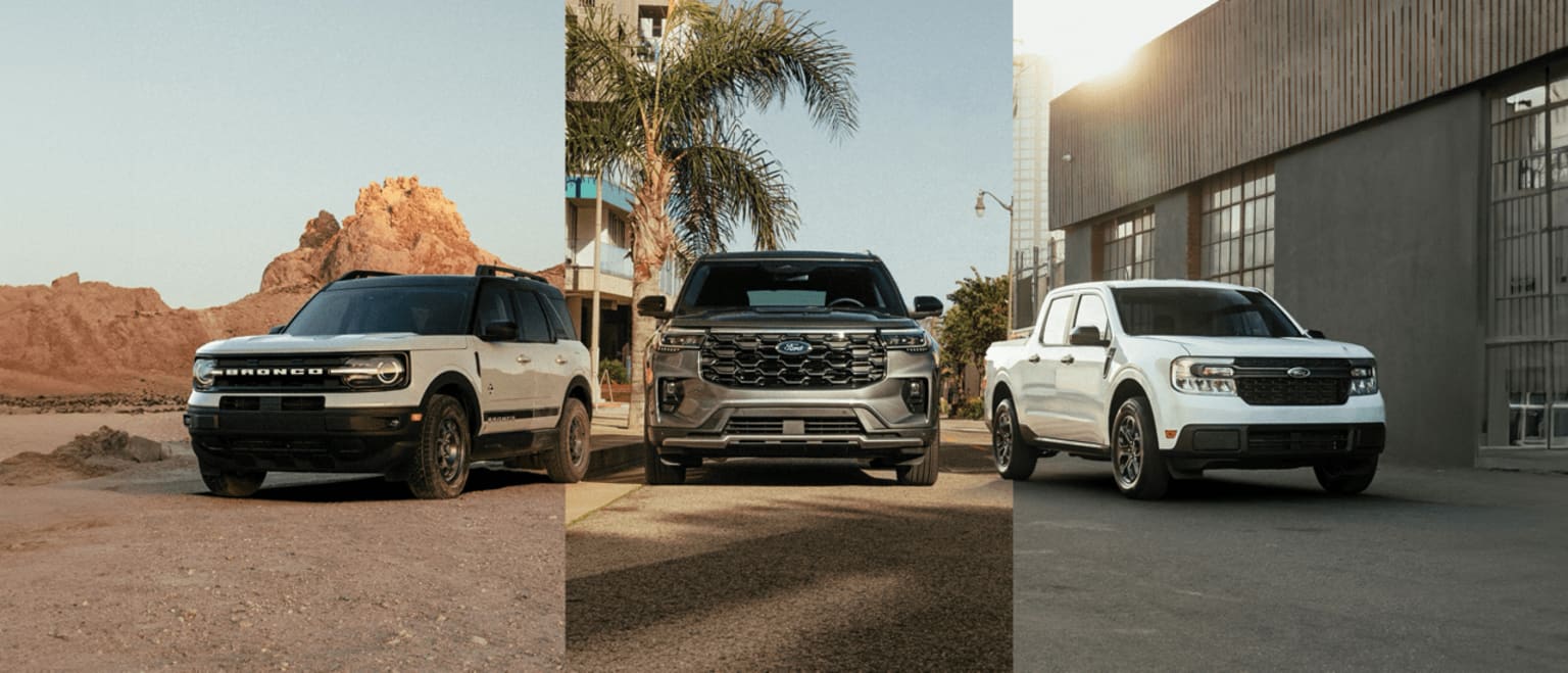 Large SUV-style vehicles parked on a desert road with a rocky, mountainous landscape in the background and palm trees visible.