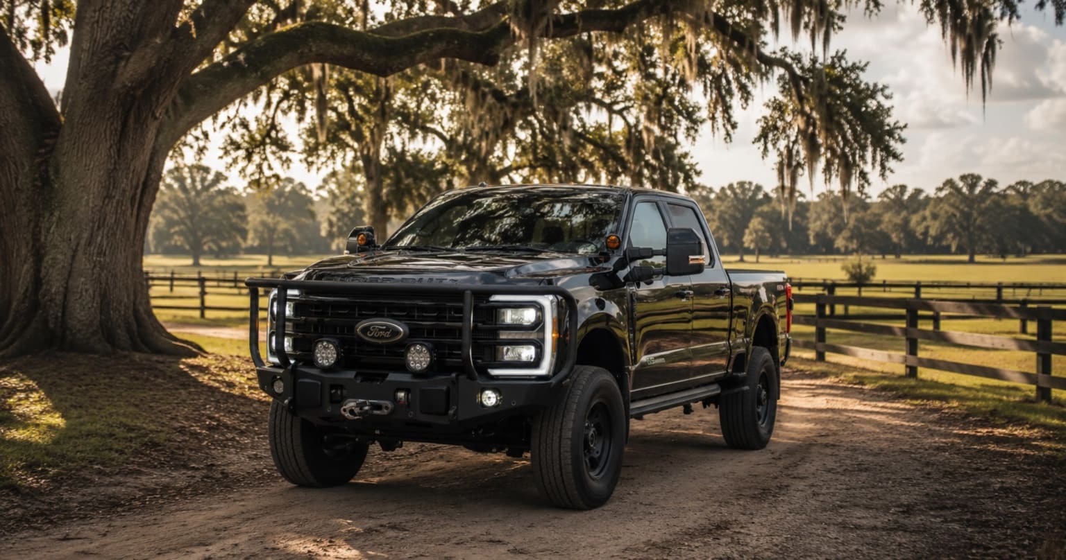 Black truck with winch on dirt road in front of wooden fence and moss-draped tree, with field and trees in background.