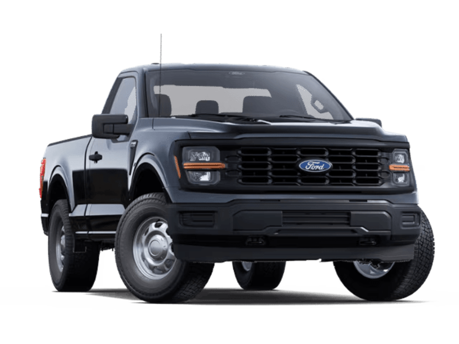 A black pickup truck with a rugged, off-road appearance stands prominently in the foreground against a plain white background.