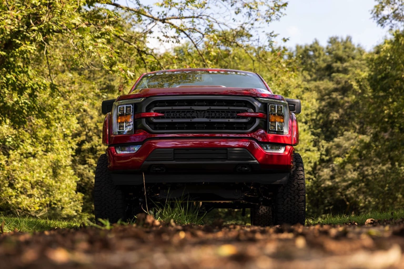 A red, lifted pickup truck in a grassy field with lush, green trees in the background.
