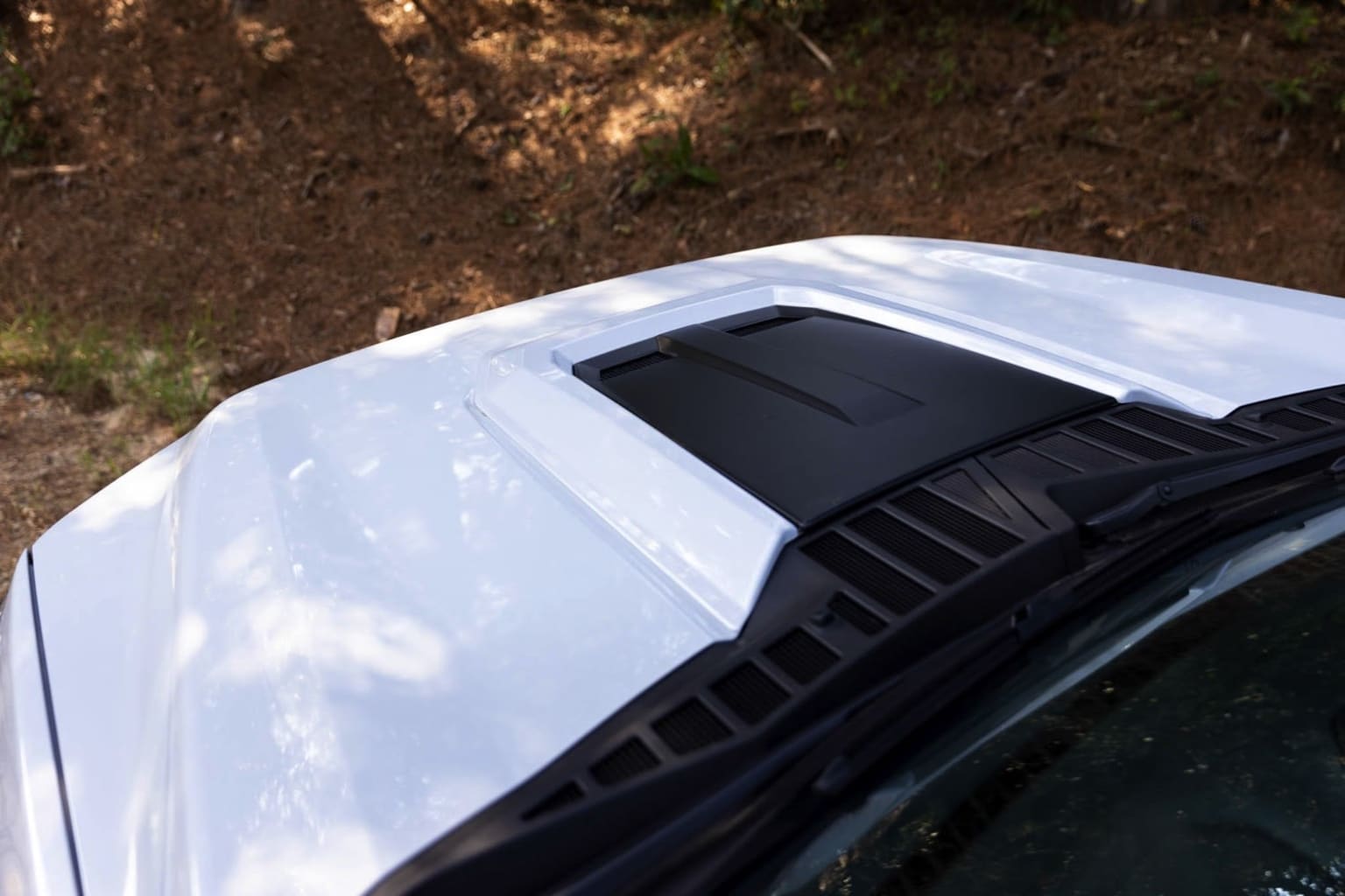 A white vehicle with a black roof rack and a dark-colored front grille parked on a dirt road in a forested area.