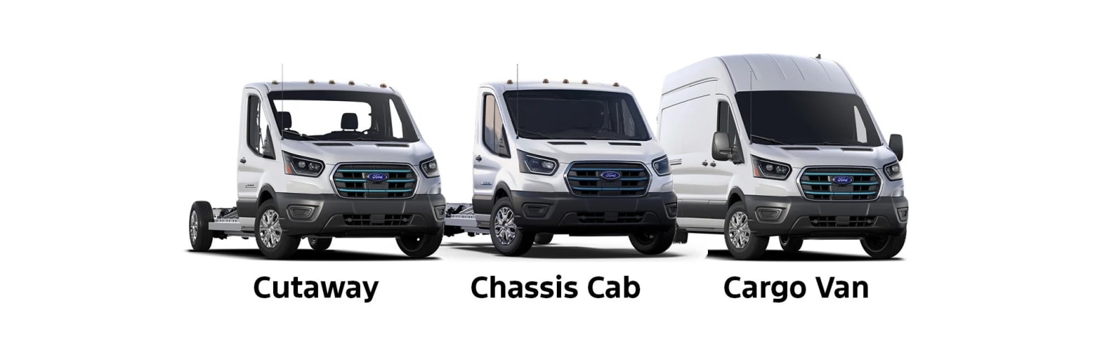 Three different types of commercial vehicles - a Cutaway, a Chassis Cab, and a Cargo Van - are displayed in the image.
