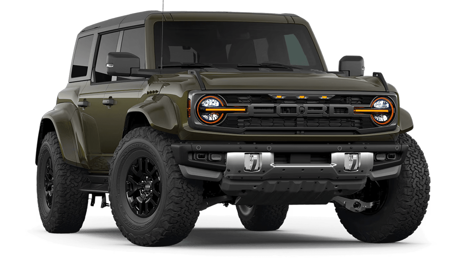 Off-road vehicle with boxy, angular design, large tires, prominent grille with LED lights, set against a plain background.